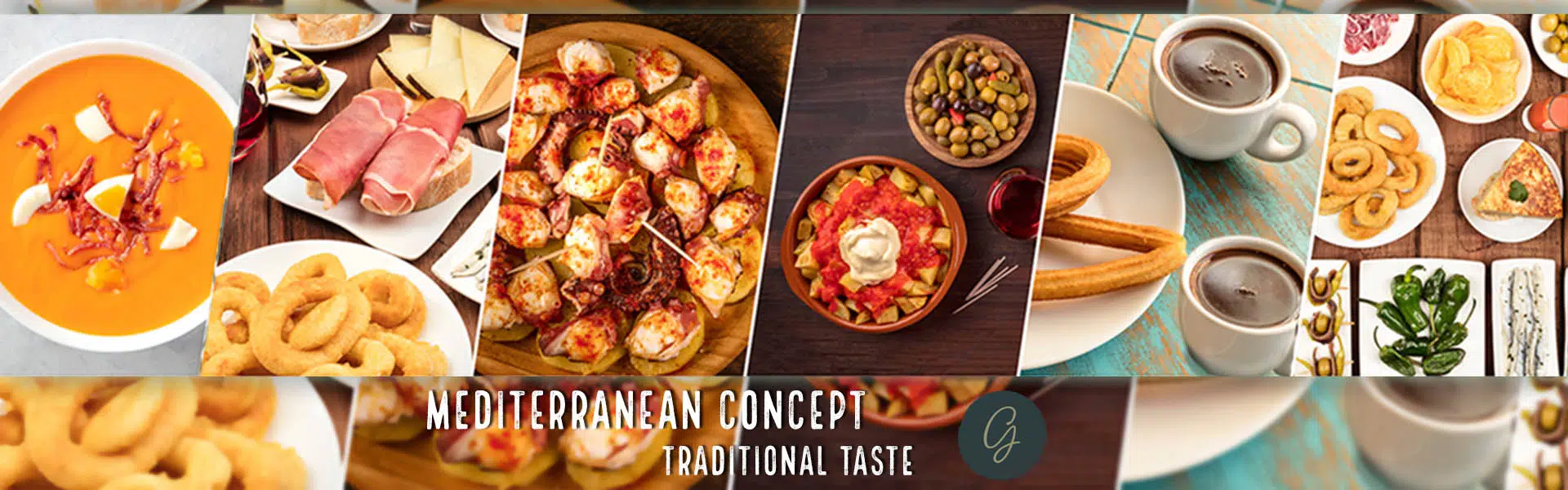 Mediterranean food selection with Spanish tapas, churros, olives and seafood